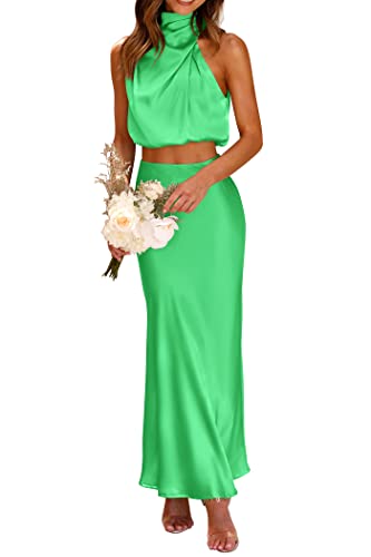 PRETTYGARDEN Women's 2 Piece Satin Outfits Summer Sleeveless Mock Neck Crop Tops and Long Skirt Dress Sets (Grass Green,Large)