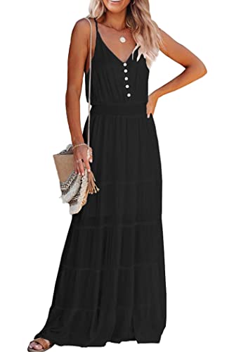 PRETTYGARDEN Women's Casual Summer Dress Spaghetti Strap Sleeveless High Waist Beach Long Maxi Sun Dresses (Black,Large)