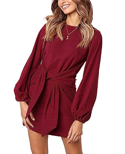 PRETTYGARDEN Women's Elegant Long Lantern Sleeve Short Dress Crewneck Tie Waist Knit Cocktail Dress (Wine Red,Large)