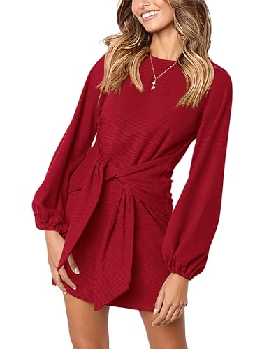 PRETTYGARDEN Women's Elegant Long Lantern Sleeve Short Dress Crewneck Tie Waist Knit Cocktail Dress (Red,Large)