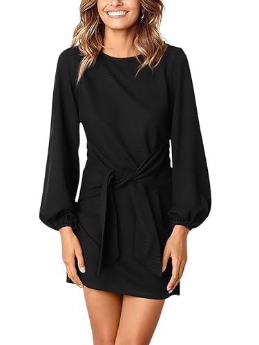 PRETTYGARDEN Women's Elegant Long Lantern Sleeve Short Dress Crewneck Tie Waist Knit Cocktail Dress (Black,Medium)