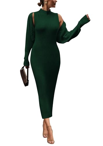 PRETTYGARDEN Womens Fall 2 Piece Outfits Bodycon Maxi Tank Pullover Sweater Dress and Long Sleeve Cropped Cardigan Knit Sets (Dark Green,Large)