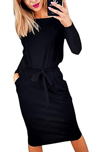 PRETTYGARDEN Women's Fashion Casual Long Sleeve Belted Party Bodycon Sheath Pencil Dress (Black,Small)