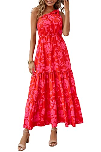 PRETTYGARDEN Women's Floral Maxi Dress 2024 Knot One Shoulder Sleeveless Ruffle Hem Flowy Boho Dresses (Red Floral,Small)