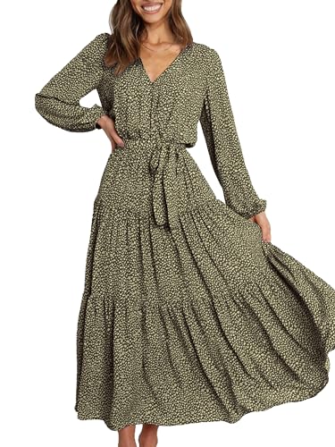 PRETTYGARDEN Womens Maxi Long Sleeve Boho Floral Dresses Fall Causal Wrap V Neck Ruffle Tiered Chiffon Flowy Long Dress(Green,Large)