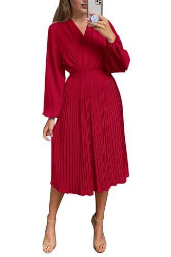 PRETTYGARDEN Women's Spring Midi Dress Long Puff Sleeve Wrap V Neck Flowy Ruffle Pleated Casual Fall Dresses (Red,Small)