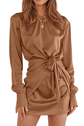 PRETTYGARDEN Women's Spring Satin Dress Long Sleeve Tie Waist Elegant Cocktail Party Mini Fall Dresses(Khaki,Small)