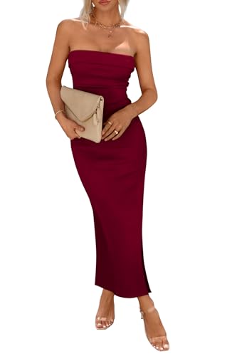 PRETTYGARDEN Women's Summer Bodycon Maxi Tube Dress Ribbed Strapless Side Slit Long Going Out Casual Elegant Party Dresses (Wine Red,Medium)