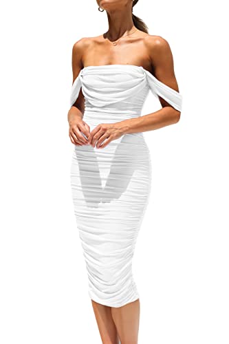 PRETTYGARDEN Women's Summer Off The Shoulder Ruched Bodycon Dresses Sleeveless Fitted Party Club Midi Dress (White,Small)