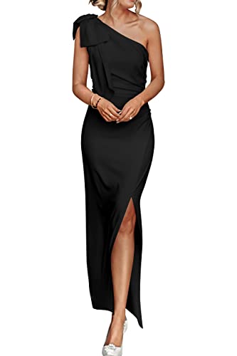 PRETTYGARDEN Women's Summer One Shoulder Long Formal Dresses Sleeveless Ruched Bodycon Wedding Guest Slit Maxi Dress (Black,Medium)