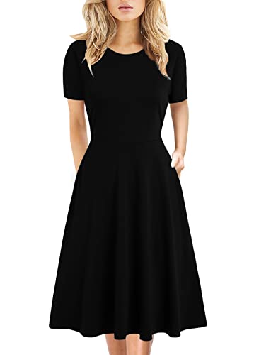 Prime Wardrobe Women Clothing Little Black Dress 50s Vintage Casual Knee Length Work Party A-Line Business Dresses with Pockets 162 (XL, Black Solid)