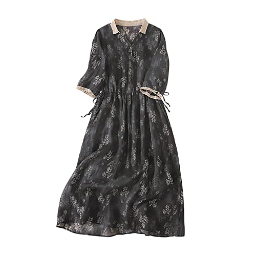 QIGUANDZ Women Korean Style Lace-Up Waist-Defined Henley Shirt Dress Summer Cotton Linen Half Sleeve Casual A-Line Dresses