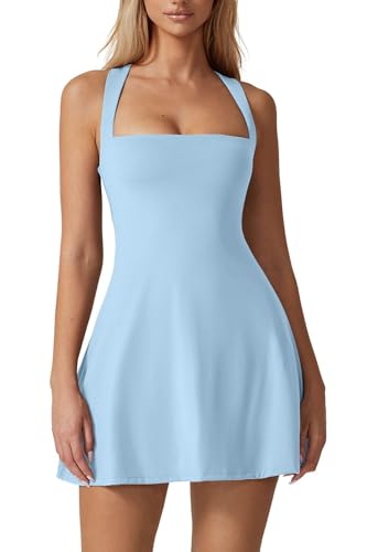 QINSEN Sport Dress for Women Square Neck Cross Back Flare Tennis Dress Quickly Dry Exercise Yoga Dress Airy Blue M