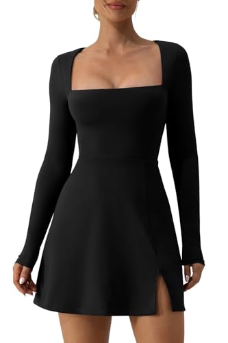 QINSEN Women's Long Sleeve Square Neck Mini Dress High Waist Party Club Outfit Black S