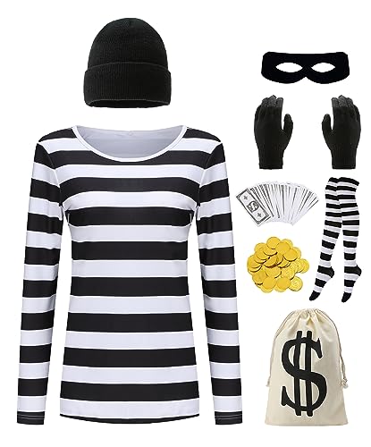 QUJQOM Women's Robber Costume Set Cop and Bank Thief Cosplay Halloween Costumes Outfit Accessories Party Dress Up with Striped T-Shirt Socks Canvas Money Bag Gloves QM020XS