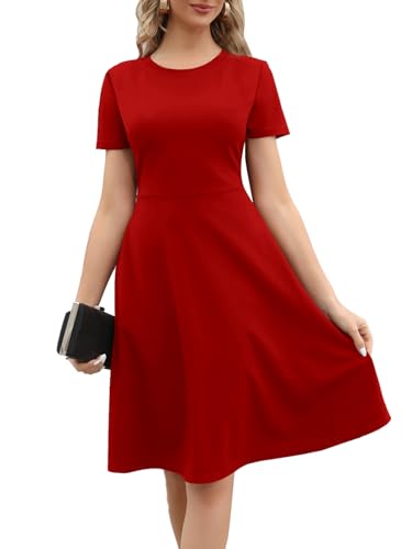 Red Dresses for Women 2024 Elegant Church Summer Evening Wedding Work Party Knee Length A-Line Business Casual Dress with Pockets 162 XL Red