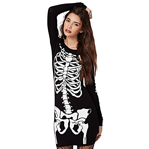 RieKet Women's Halloween Costume Skeleton Dress Long Sleeves Stretchy Short Mini Dress (L, Black)