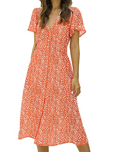 ROYLAMP Women's Floral Button Up Split Dress Deep V Short Sleeve Casual Flowy Midi Dress with Pockets Orange S