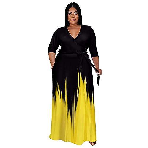 Runwind Plus Size Dress for Women 3/4 Sleeve V Neck Maxi Dresses for Women Gradient Black Yellow Size XL