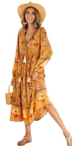 R.Vivimos Women's Long Sleeve Floral Print Retro V Neck Tassel Bohemian Midi Dresses (Medium, Goldenrod)