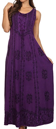 Sakkas 15229 - Stella Long Tank Top Adjustable Caftan Corset Dress with Embroidery - Purple - S/M