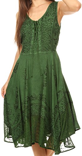 Sakkas 17321 - Magdilena Stonewashed Corset Front Embroidered Dress - Green - S/M