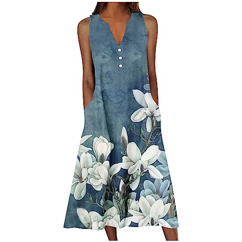 Sale on Items Women's Summer Design Casual Dress Sleeveless V-Neck Dress with Pockets Loose Flowy Swing Pleated Long Beach Dress Dresses for Women 2024 Navy XL