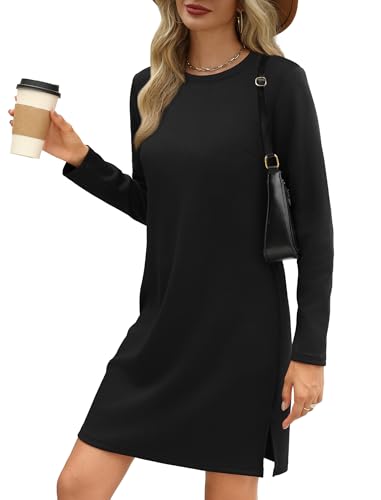 SAMPEEL Dresses for Women 2024 Black Long Sleeve Dress with Slit Casual Fall Fashion Work Business Casual Outfits M