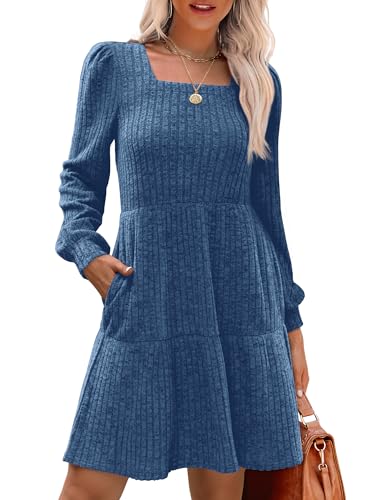 SAMPEEL Womens Sweater Dress Winter Babydoll Casual Flowy Church Dresses 2024 Blue L