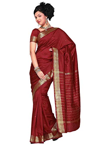 Sanskruti India Womens Indian Ethnic Traditional Banarasi Art Silk Saree Sari Wrap Fabric Dress Drape (Maroon)