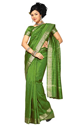 Sanskruti India Womens Indian Ethnic Traditional Banarasi Art Silk Saree Sari Wrap Fabric Dress Drape (Olive)