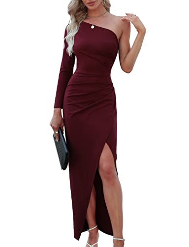 Sarin Mathews Womens One Shoulder Long Sleeve Cocktail Dresses Sexy Bodycon Ruched Wrap Split Party Formal Long Dress Burgundy S