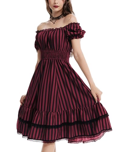 Scarlet Darkness Gothic Dress Renaissance Costume Women Victorian Dresses Red Black Stripe M