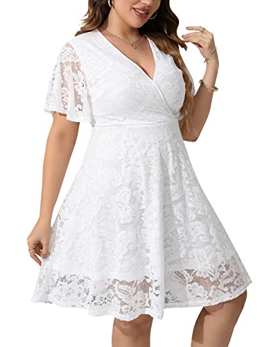 SCOMCHIC Women Plus Size Lace Cocktail Dresses Summer Wrap V Neck Short Sleeve Flowy A Line Wedding Guest Midi Dress White