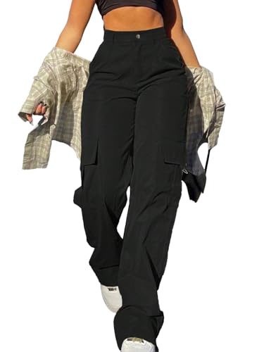 SDNGED Cargo Pants for Women High Waisted Casual Pants Work Pants Baggy Stretchy Wide Leg Y2K Streetwear with Pockets Black