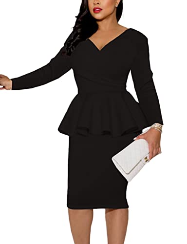 SEBOWEL Women Long Sleeve Bodycon Midi Dresses Vintage Ruffle Peplum Pencil Work Office Dress Formal Evening Party Cocktail Dress, Black, XL