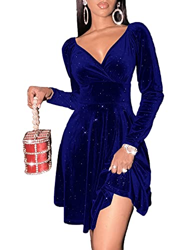 Sexyasasii Night Out Dresses for Women Wrap V Neck Long Sleeve Velvet Glitter Cocktail Party Mini Thanksgiving Evening Dress for Women(Blue,M)