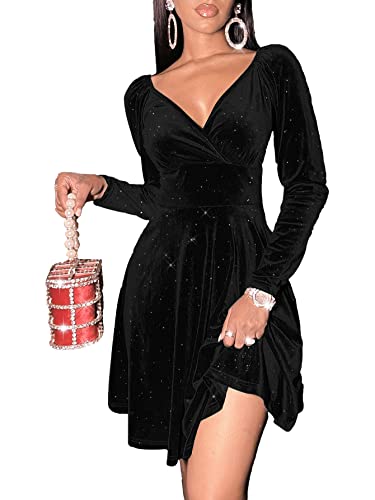 Sexyasasii Velvet Dress for Women Long Sleeve V Neck Sparkly Fall Wedding Guest Dresses Semi Formal A Line Cocktail Party Black Bodycon