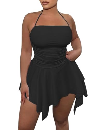 SHESEEWORLD 2024 Summer Women's Sexy Sleeveless Spaghetti Straps Halter Bodycon Ruched Mini Dress Asymmetric Hem Club Outfit Black