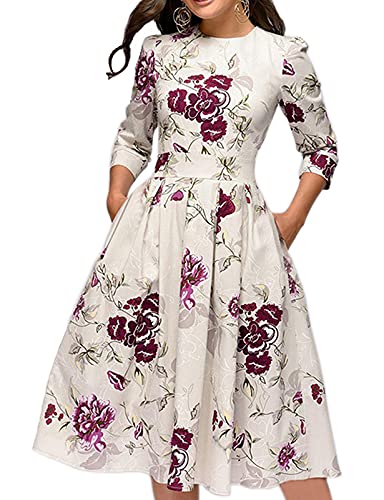 Simple Flavor Women's Floral Vintage Dress Elegant Midi Evening Dress 3/4 Sleeves (Beige, L)