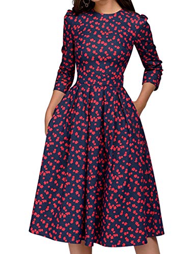 Simple Flavor Women's Floral Vintage Dress Elegant Midi Evening Dress 3/4 Sleeves (Red, S)