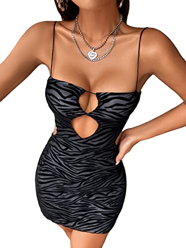 SOLY HUX Women's Sexy Cut Out Cami Dress Zebra Print Spaghetti Strap Bodycon Mini Club Dresses Black S