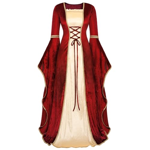 Spooktacular Creations Red Renaissance Costume Women, Velvet Medieval Dress for Women, Irish Fairy Renaissance Dress with Decorated Lace for Wedding, Halloween Dress Up Party(Medium)