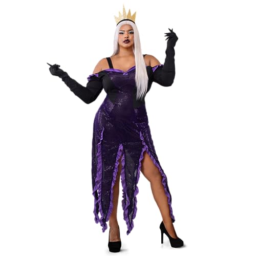 Spooktacular Creations Women Sultry Sea Witch Dress Black and Purple Costume Set with Gloves, Headband for Adult for Halloween Dress up Party-XXL