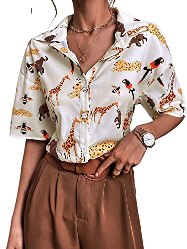 SweatyRocks Women's Short Sleeve Cute Print Button Down Shirt Tops Beige Animal L