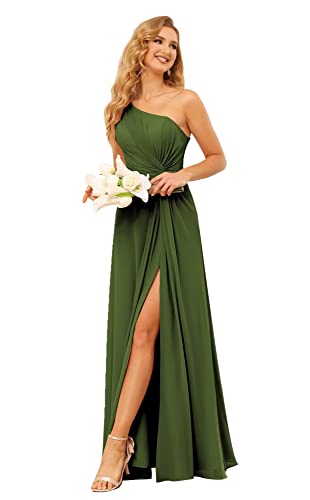 SYYS Cute Ruched Chiffon Bridesmaid Dress Long Aline One Shoulder Formal Party Dresses for Women with Pockets Olive Green 8