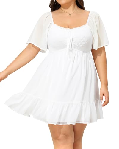 Talisea Plus Size Women's White Graduation Dress Smocked Short Summer Sundress Short Sleeve Sweetheart Chiffon Dresses