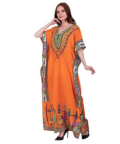 Three Eye Store African Print Women Kaftan Dress Top Tunic Long Maxi Plus Size Caftan Gown Beach Party Casual Kimono Nightdress (Orange)