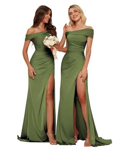 TIRAS Vintage Olive Green Satin Off The Shoulder Bridesmaid Dresses with Train for Women 2024 Mermaid Evening Formal Dresses with High Slit Olive Green 10