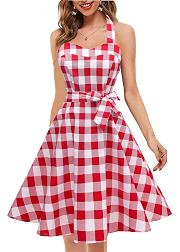 Topdress Women's Vintage Polka Audrey Dress 1950s Halter Retro Cocktail Dress Red White Plaid Large